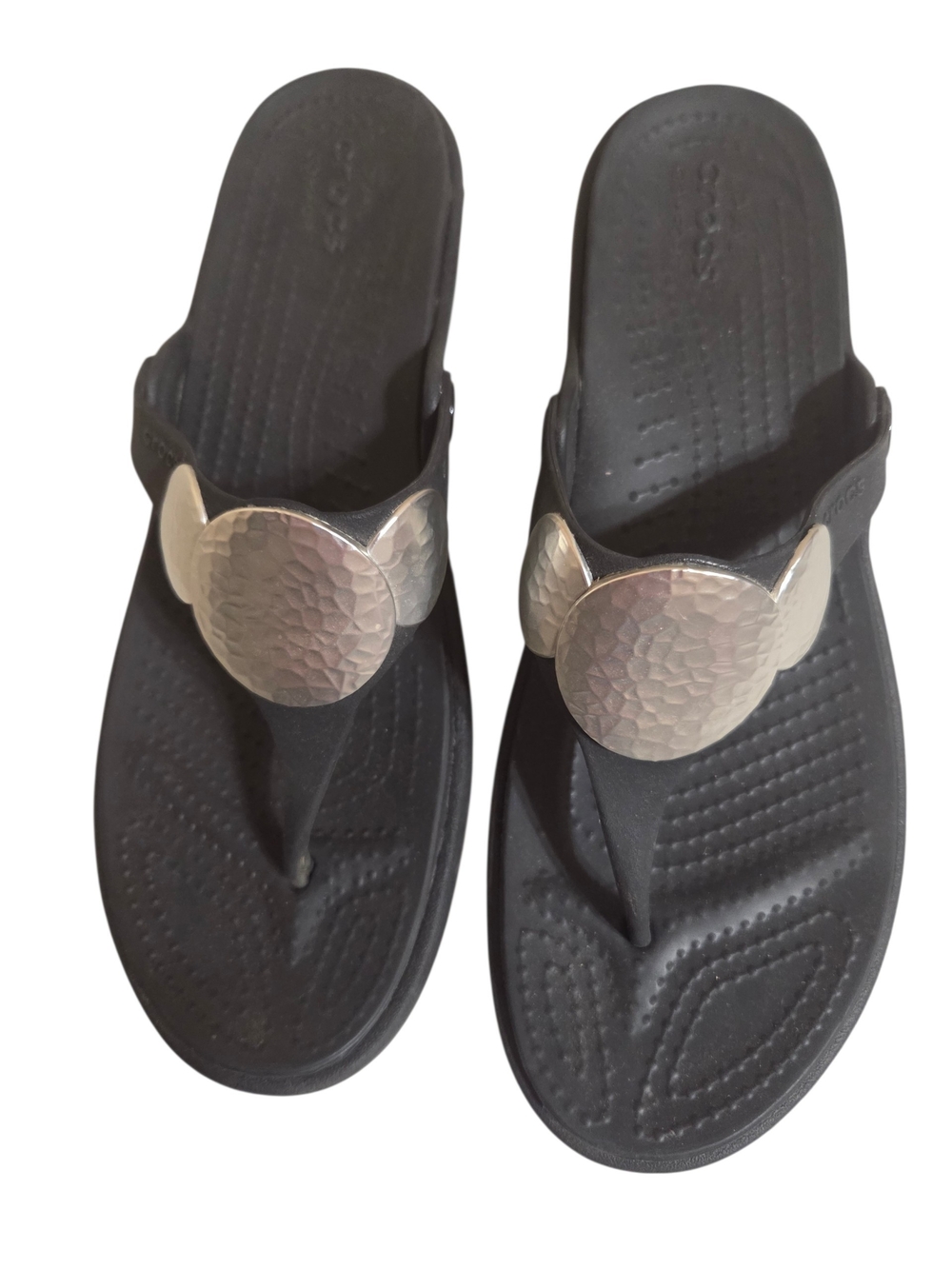 Crocs Sanrah Black Thong Sandals with Hammered Silver Discs
